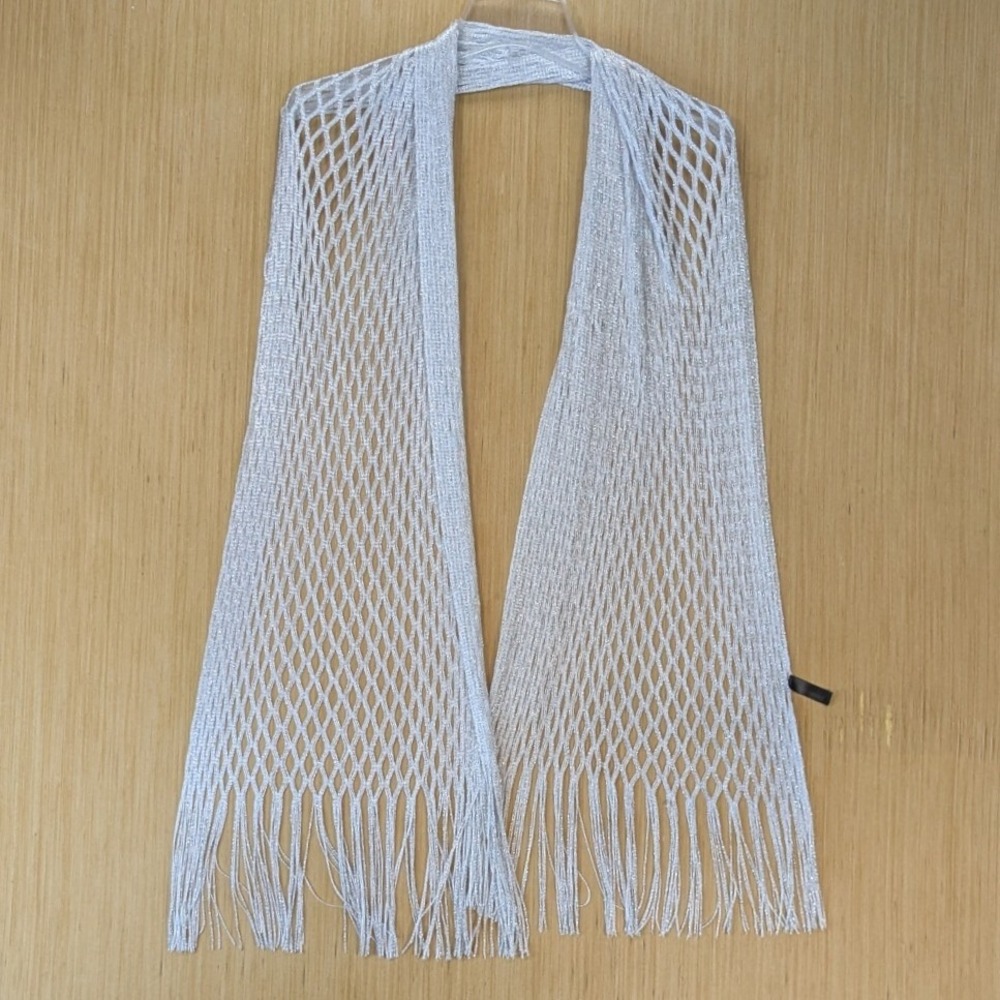 Lane Bryant Silver Metallic Open Knit Fringe Scarf Fishnet Shimmer Wrap Evening